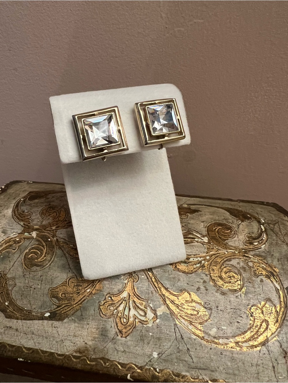 Vintage Avon Gold and Clear Faceted Square Lead Crystal Clip On Earrings